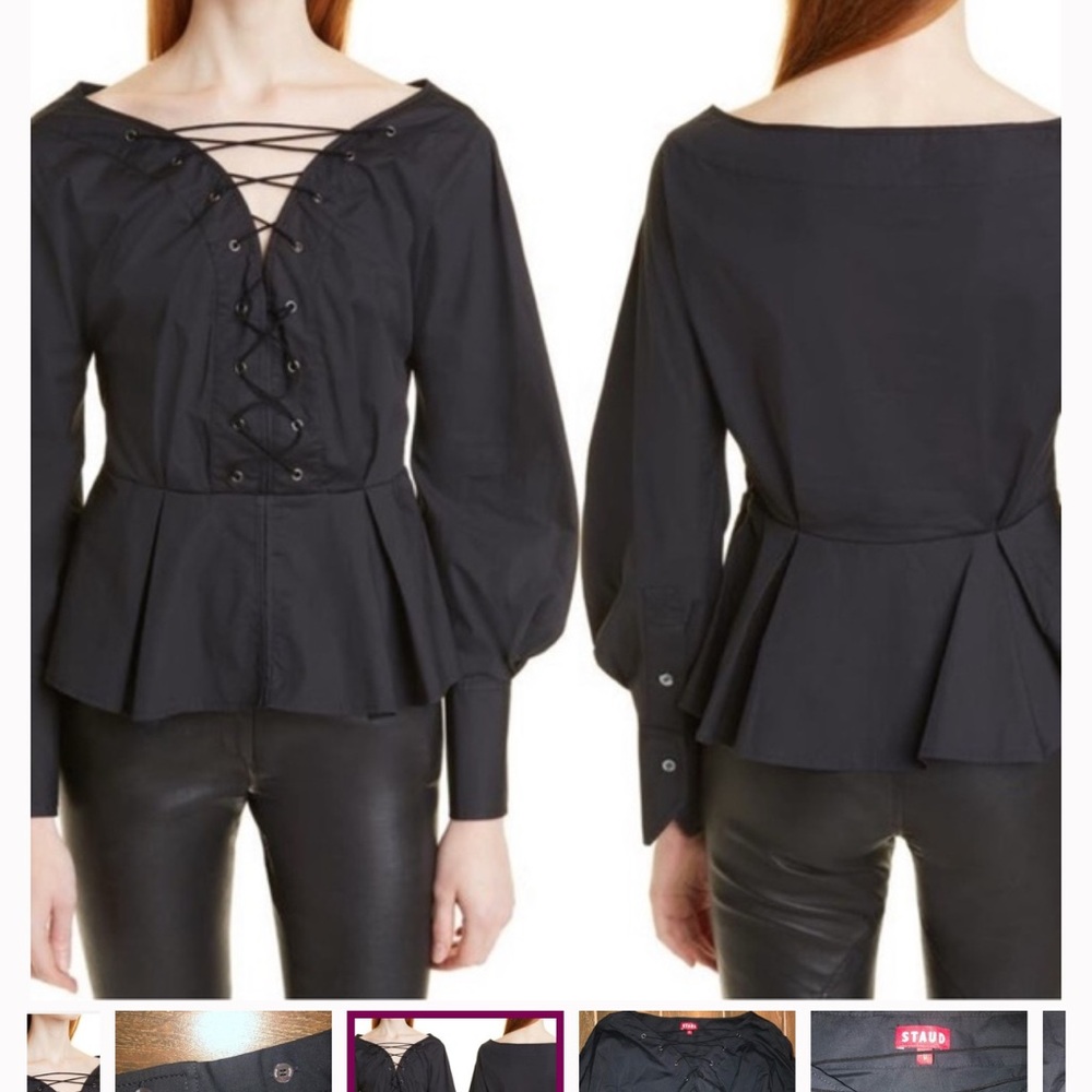 STAUD Black Lace-Up Peplum Blouse